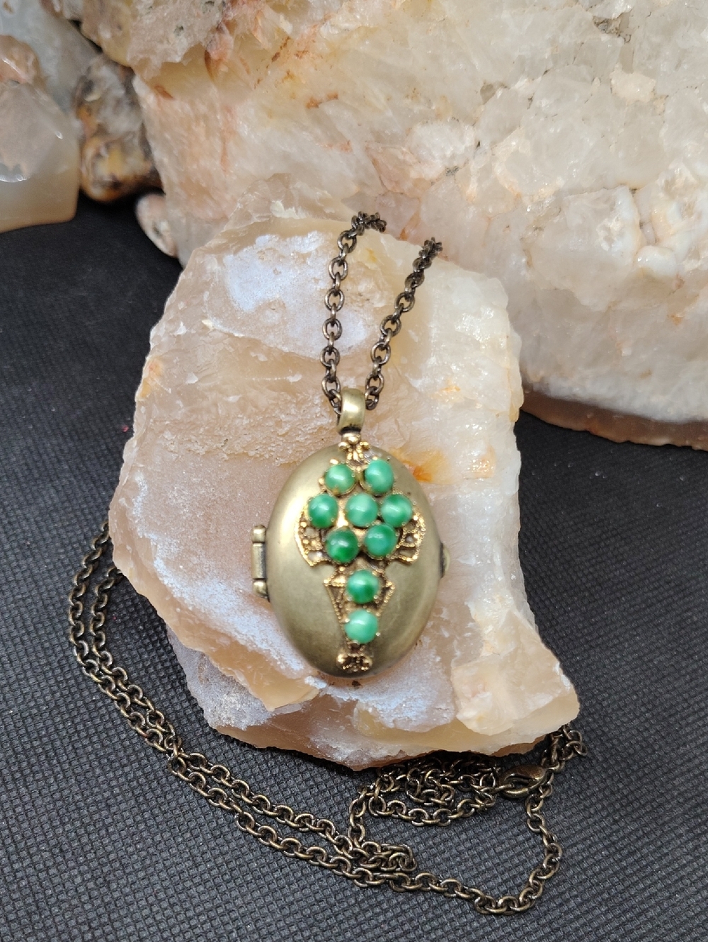 Antiqued Gold Tone Locket Necklace with Green Cabochons